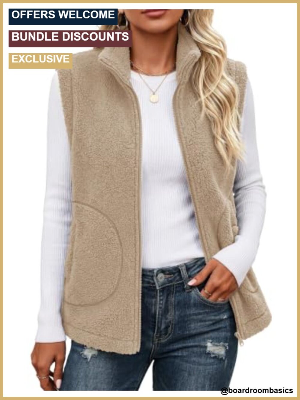 Sherpa Fleece Zip Up Vest for Women Sleeveless Fuzzy Winter Outerwear